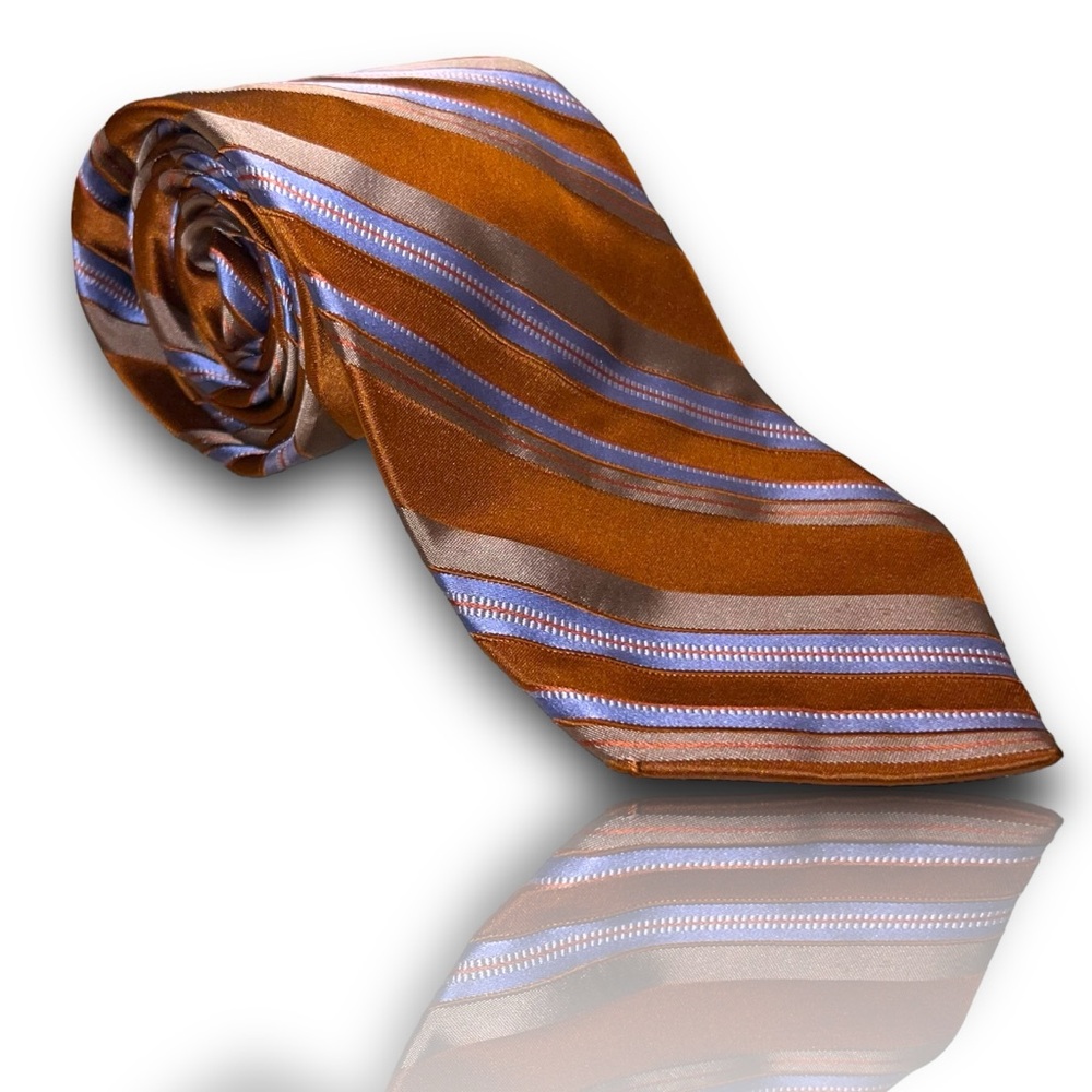 IKE BEHAR  100% Silk Necktie USA Designer STRIPED‎ Blue/Brown EUC Mens Tie